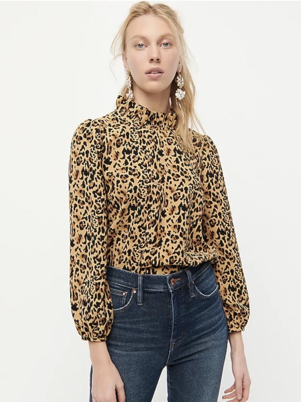 J. Crew Leopard Mock Ruffle Neck Blouse - Tan and Black